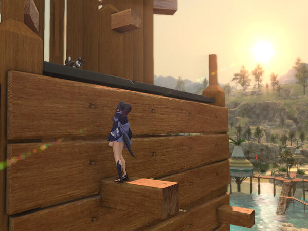 Black Hayate looking down at Au Ra woman on a wooden tower where he has climbed higher than she has. Sunset and beach dock of costa del sol in the background.